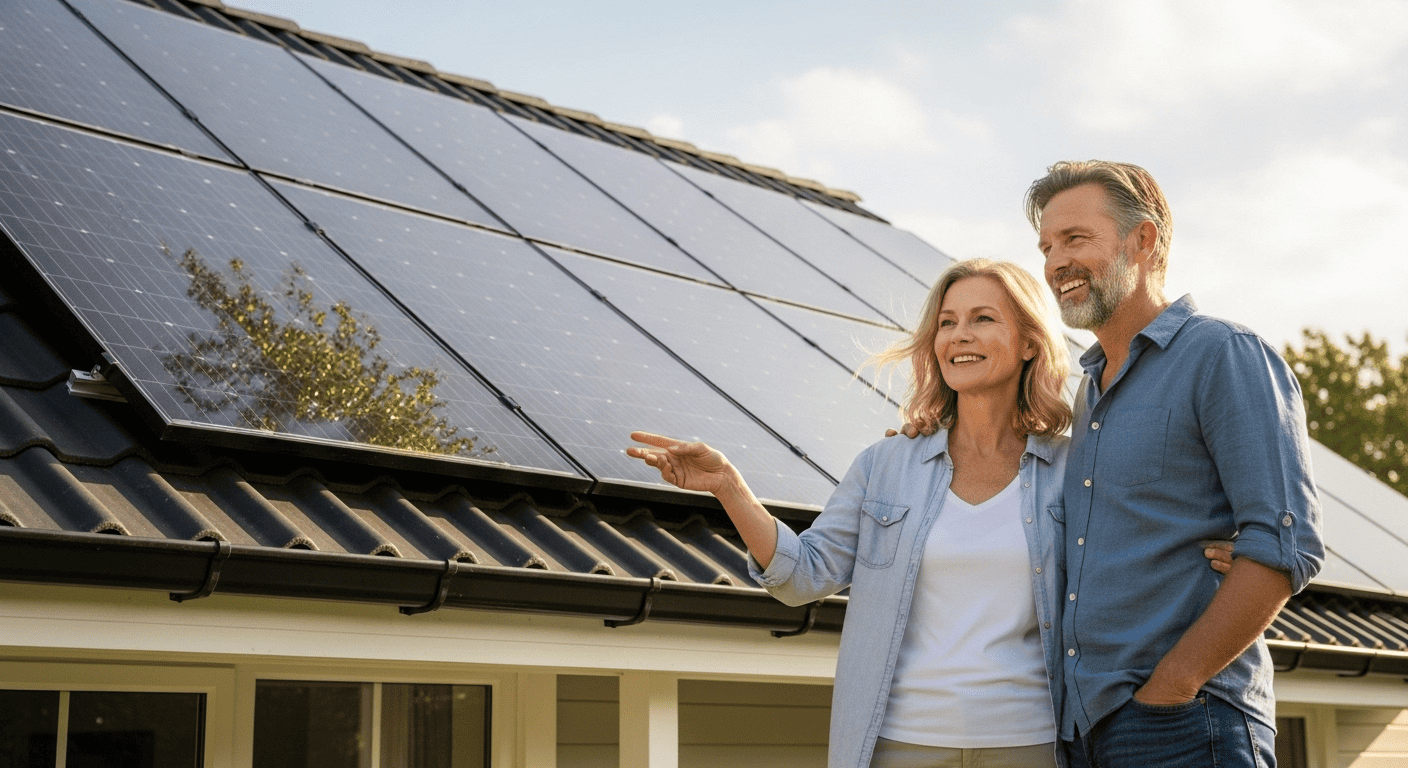 Canadian couple smiling near solar panels
